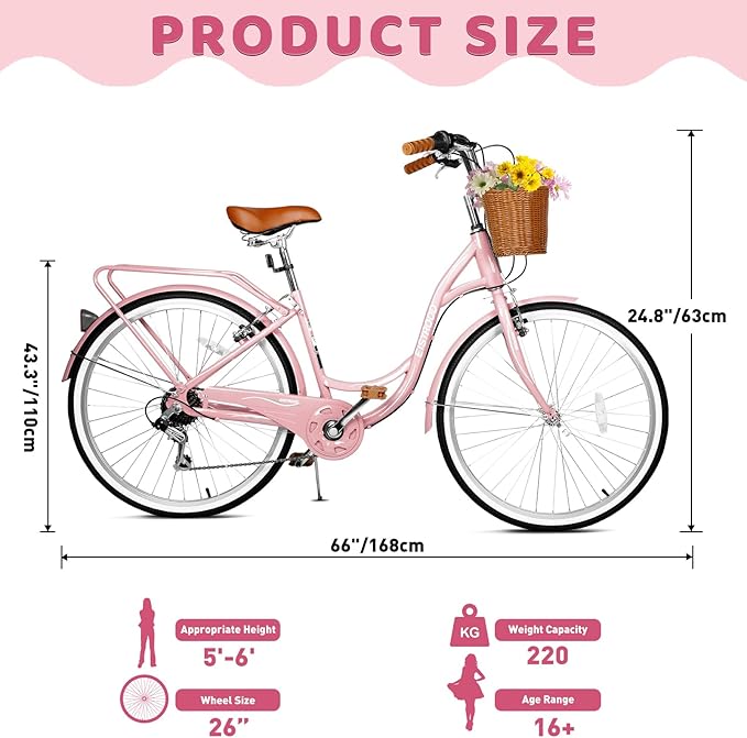 26 Inch Folding Beach Cruiser Bike for Women, 7-Speed Ladies Bike with Basket & Rack, Perfect for City Commuting's Bicycle, Ideal for Women and Adults