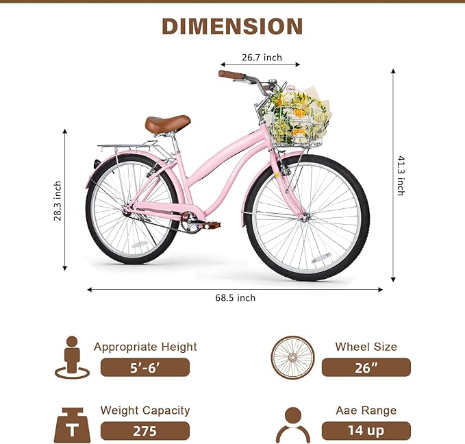 WEIZE Beach Cruiser Bike, 26 inch Commuter Bicycle for Adult Men and Women,High-Carbon Steel/Front & Rear Fenders, Comfortable City Bikes with Rear Rack or Basket, Ergonomic Upright Design