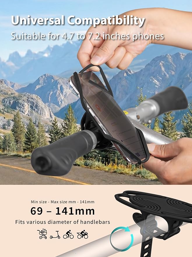 Bone Bike Tie 6, Bicycle Phone Mount for Handlebar, Scratch-Free & Shock-Absorbing Silicone MTB Holder with Dual-Strap Protection, Cycling Phone Carrier for iPhone & 4.7"–7.2" Smartphones (Handlebar)