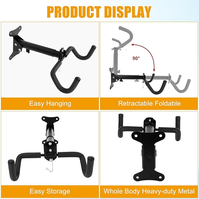 PSLER 2pcs Bike Wall Mount Hanger - Wall Mount Handbar, Adjustable & Extendable Horizontal Bike Rack Holder for Mountain/Road/Hybrid Bikes, Space Saving Garage Storage Hook, Easy Install