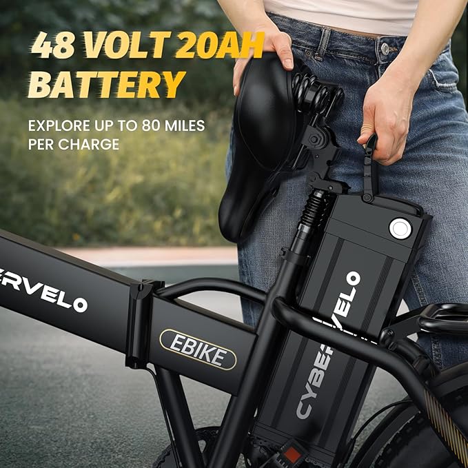 1000W Folding Electric Bike, 48V 20AH Large Removable Battery E Bike, 30+MPH, 80 Miles Max Range, 20" Fat Tire Electric Bike for Adults, Adult Electric Bicycles for Long