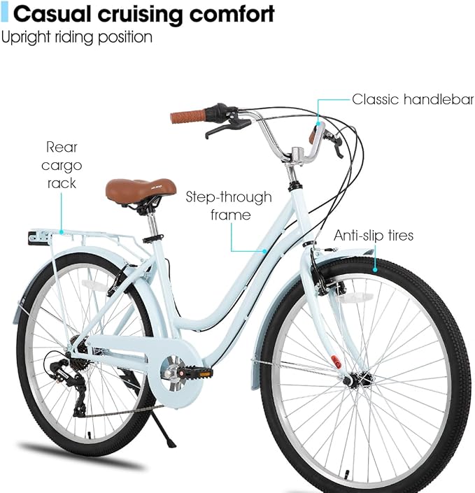 HILAND 26 in Women's Hybrid Bike for Adult, 7 Speed Step Through Hi-Ten Steel Frame City Commuter Beach Cruiser Bike, Hybrid Bicycle, Multicolor