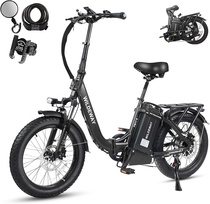 Wildeway Folding Electric Bike for Adults with 750W Motor 32Ah Battery Long Range FW11 Ebike 20 * 3.0 Fat Tire Foldable Adults Electric Bicycle for Men Women City Commuter Delivery 2 Seat