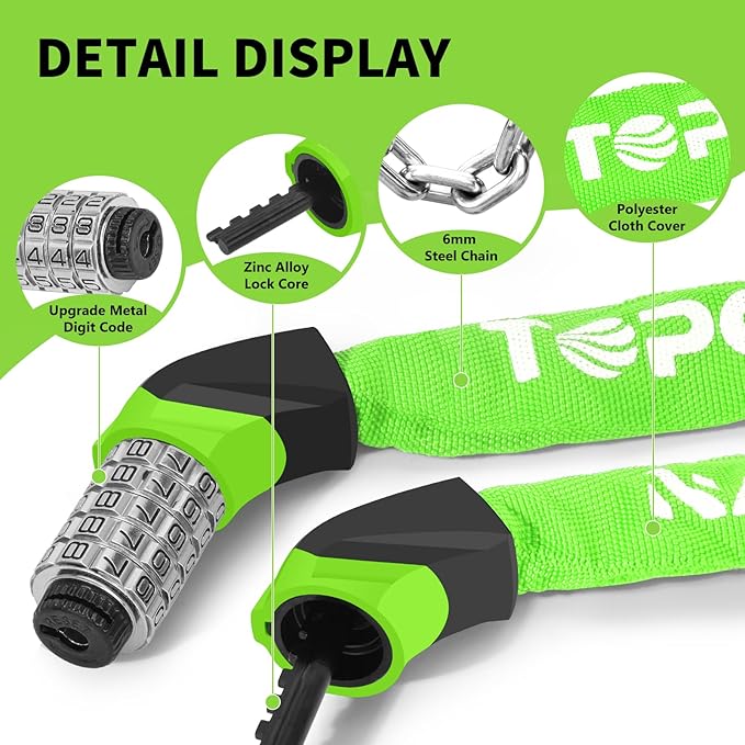 Bike Chain Lock Upgrade Metal Digital Dials 3.2Ft Long High Security Heavy Duty Anti Theft, 5 Digit Combination Keyless Bicycle Lock for Bike/Electric Scooter/Ebike/Motorcycle(Neon Green)