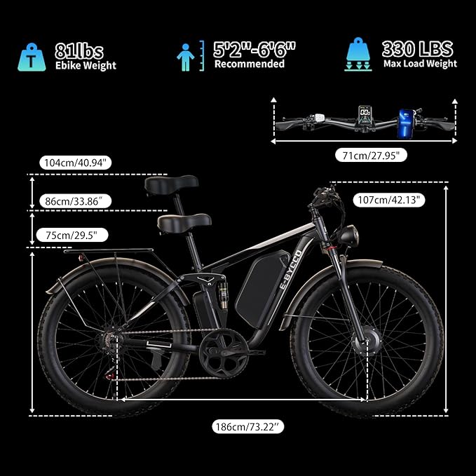 Electric Bike, Max 40-45MPH & 100 Miles, 5000W Peak Dual Motor Adult E-Bike, 52V 32Ah Battery Ebike, 24'' 26" Hydraulic Disc Brakes, Fat Tire All-Terrain Hunting Electric Bike, Full Suspension
