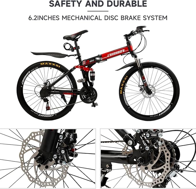 Bruce & Shark 26" Folding Mountain Bike for Men, 21 Speeds Full Suspension Commuter Bicycle, High Carbon Steel & Disc Brakes, Portable City Outdoor Bike for Adult Youth Teen