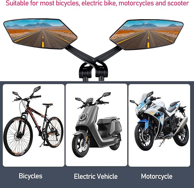 1 Pair Bike Mirrors, Motorcycle Cycling Rearview Mirror, 360 Degree Rotatable Adjustable Wide Angle Safe HD Glass Bicycle Handlebar Mirror Universal for Scooter MTB Road Bike E-Bike Motorcycle, etc