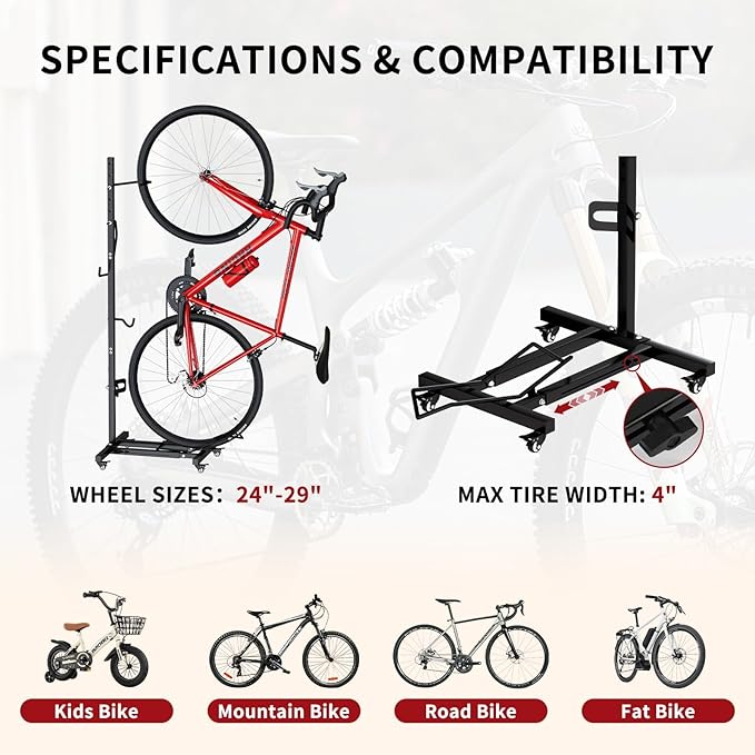 Vertical Bike Stand with Wheels, Space-Saving Freestanding Bike Rack, 360° Moveable Adjustable Height Indoor Bike Storage for Garage & Apartment, Floor Bike Parking Holder for Bikes up to 22”-29”