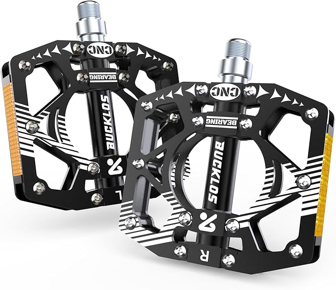 BUCKLOS MTB Bike Flat Pedals with Reflectors,Large Platform Mountain Non Slip CNC Aluminum Alloy Bicycle Pedals Sealed Bearing 9/16" Adult