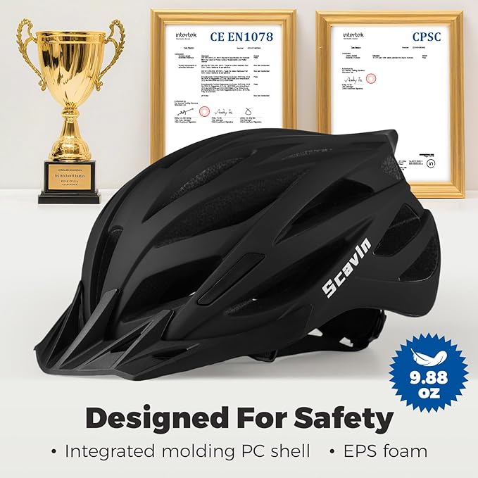 Adult Mountain Bike Helmet with Rear Light Adjustable Dial, Removable Visor - CPSC 1203 Certified Lightweight Bicycle Helmet for Urban-Commute, Road & MTB for Men, Women, Youth
