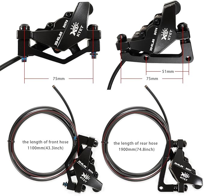 Hydraulic Brakes for Ebike: 2 PIN Female Waterproof Power-Off Connector, Pre-Bleed Filled with DOT 4 Brake Fluid Front and Rear Brakes Kit - 180mm 2.75mm Thickened Rotor (Include Hose Cutting Tool)