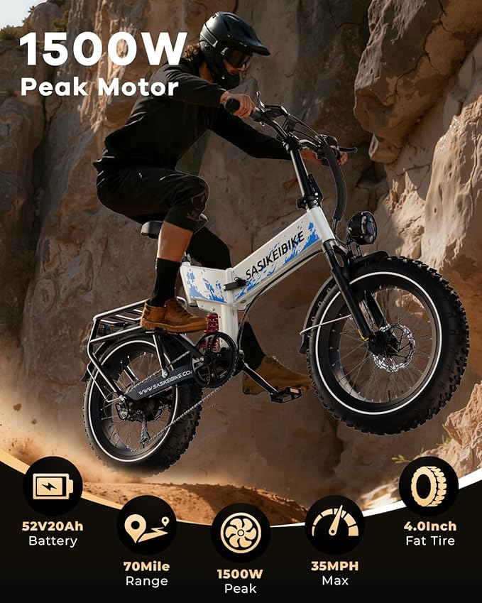 1500W Folding Electric Bike for Adults,52V 20Ah Removable Battery Ebike with 30+MPH 70 Miles Max,20" x4.0 Fat Tire E-Bike, Foldable Dual Suspension Electric Bicycle for Commute,Mountain