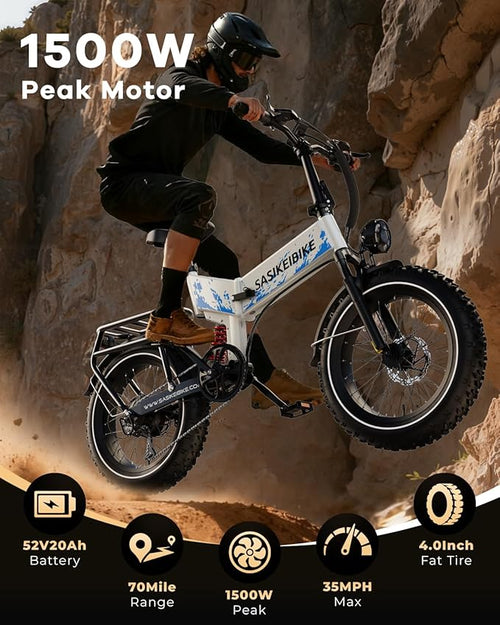 1500W Folding Electric Bike for Adults,52V 20Ah Removable Battery Ebike with 30+MPH 70 Miles Max,20" x4.0 Fat Tire E-Bike, Foldable Dual Suspension Electric Bicycle for Commute,Mountain