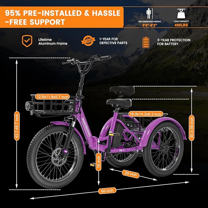 MOPHOTO Electric Tricycle for Adults, 20in 3 Wheels Folding Electric Bicycle Bikes, 48V 500W Electric Trike Ebike with Aluminum Frame, Removable Battery
