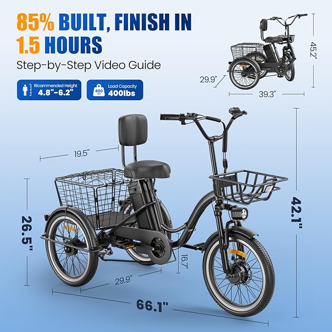 Electric Tricycle for Adults, Peak 1200W Electric Trike, Foldable Electric Bike with 468Wh/720Wh/960Wh Removable Battery, Step-Thru 3 Wheel Electric Bikes for Women Men, 20 Tire