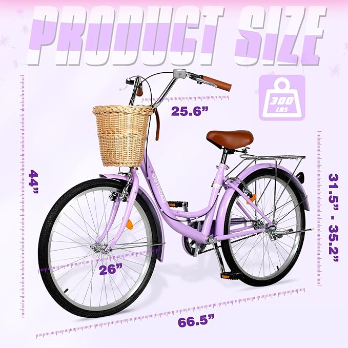 Betterland Beach Cruiser Bike for Women, 24/26 inch Hybrid Bike with Adjustable Seat, Womens Bike with Front Basket and Dual V-Brake, Step Through Comfort Bicycle for City Commuter
