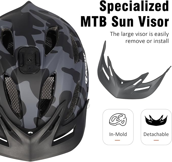 Mountain Bike Helmet,Adult Cycling Helmet with Camera Mount and Detachable Visor for Men Women Youth,Suggested Fit 55-61 Cm