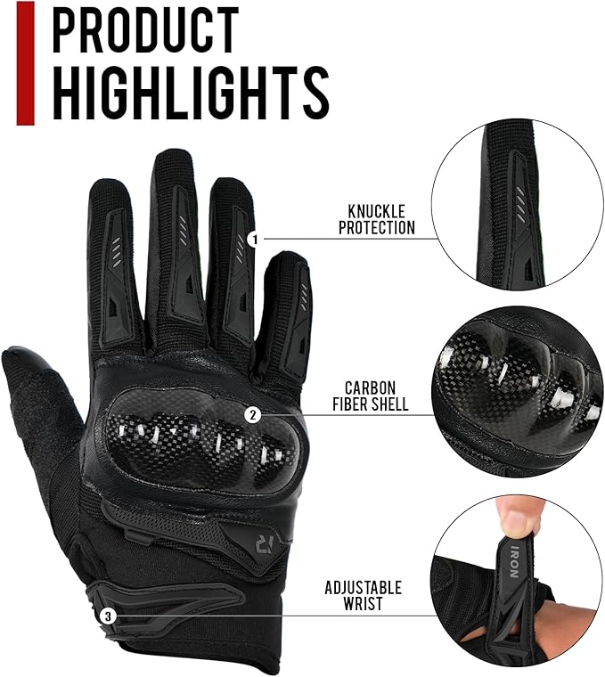 IRON JIA'S Motorcycle Gloves for Men and Women, Summer Touchscreen Riding Gloves with Carbon Fiber Protection for Road Racing, Dirt Bike, BMX, ATV L
