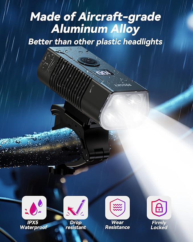 Bike Lights for Night Riding, USB Rechargeable Mountain Bicycle Headlight, Super Bright, Waterproof, 6+4 Light Modes Bike Light Set for Cyclists and Commuters