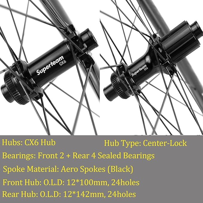 Superteam Carbon Wheelset Disc Brake 700c Road Bike Wheels 45/50/53mm Depth Tubeless Ready Cycling Wheels, for 8-12 Speed Center Lock / 6 Bolt, Thru Axle/QR Type