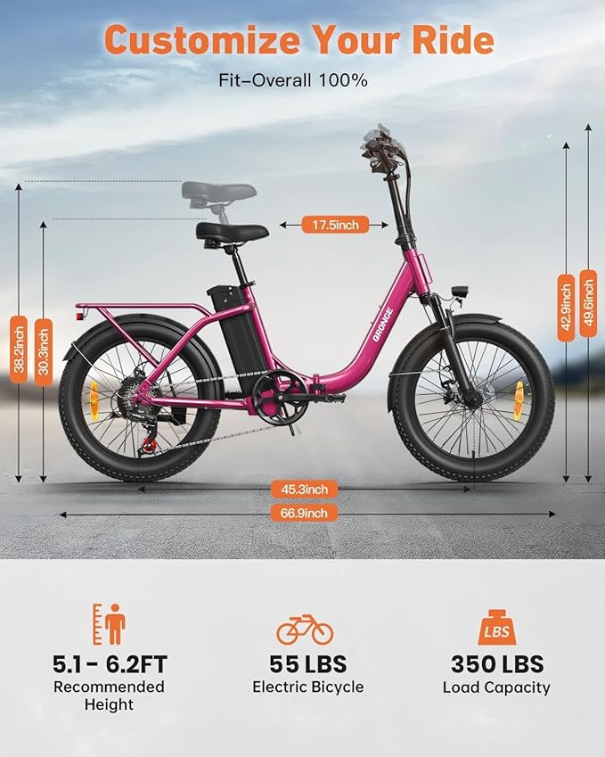 Electric Bike, 1000W Peak Folding Electric Bike, 486Wh 70 Miles Range Ebike, Waterproof Removable Battery, 7 Speed, 25 MPH Max, 20" Step-Thru Bicycle with Front Basket