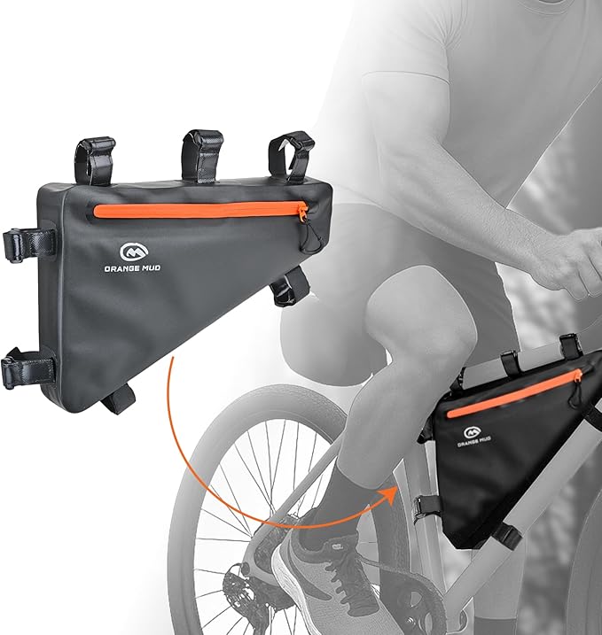 Orange Mud Waterproof Bike Frame Bag – Welded TPU Triangle Bag for Front or Rear Frame Mounting – Durable YKK Zippers, Secure Storage for Gear, Snacks, Tools, Phone – Black, 14"x9.5"