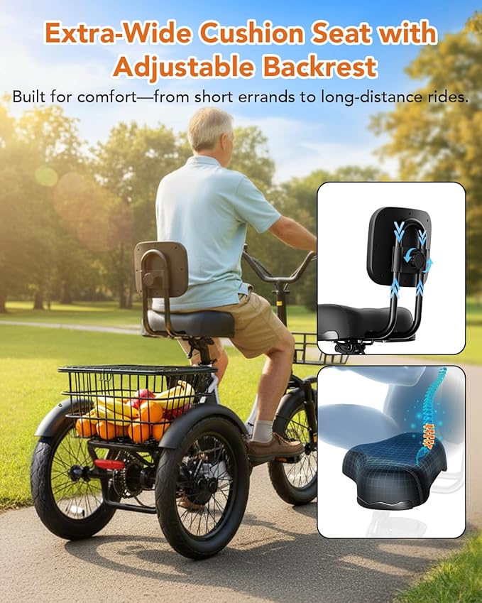 Qlife Triker Electric Bike, Peak 750W/1200W Brushless Motor Folding Trike Ebike, 499Wh Removable Battery, Step-Thru 3 Wheel Electric Bicycle, Up to 55 Miles, 20 Tire Tricycle for Adults