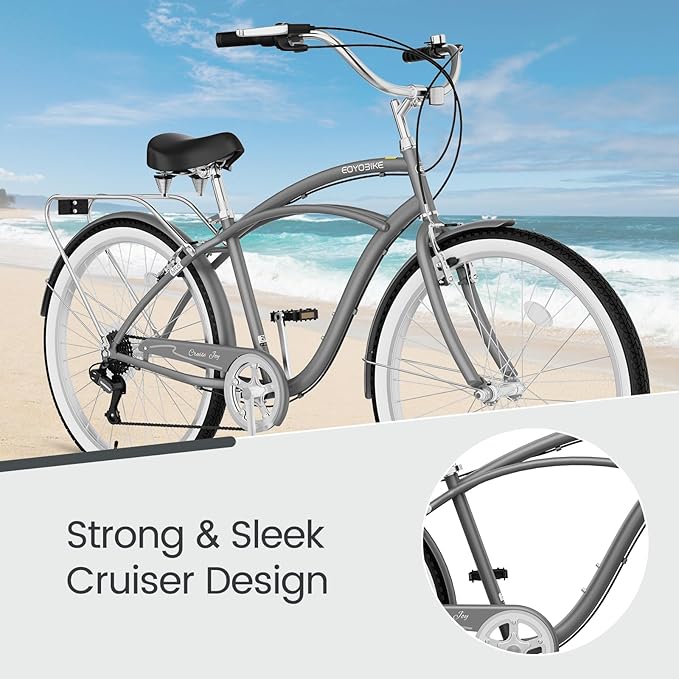MOPHOTO 24" 26" Adult Bike 7-Speed Beach Cruiser Bike for Adults, Rear Rack, Fenders, Step-Through or Classic Frame