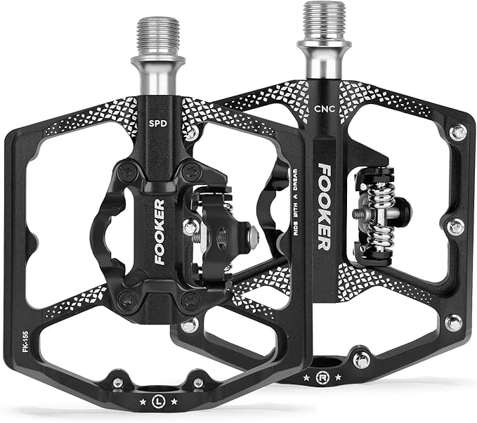 FOOKER MTB Mountain Bike Pedals, Dual Function Flat and Pedal,3 Sealed Bearing Flat Platform Compatible with Clipless Pedal Aluminum 9/16" Pedals with Cleats for Road Mountain BMX MTB