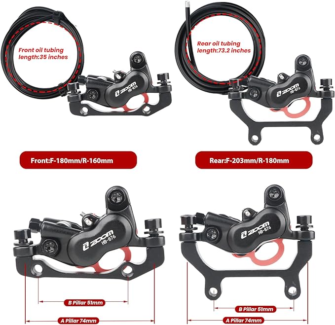 ZOOM Ebike Hydraulic Disc Brake Set: H876E 4-Pistons Power-Off Electric Bike Brake Kit with 2-PIN Sensor Included 160mm/180mm Rotors and Mounting Adapter