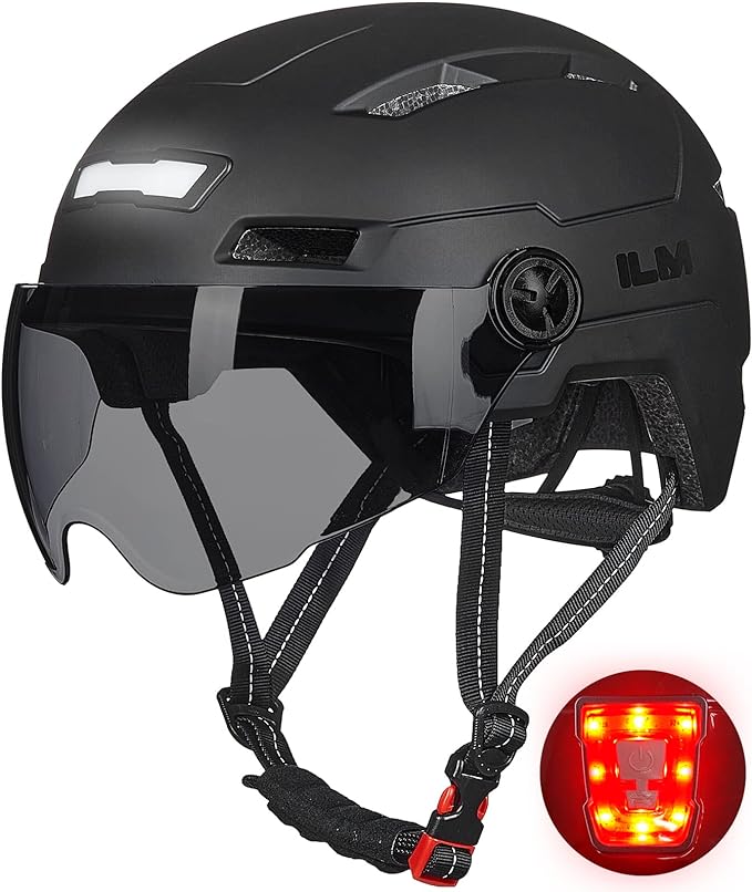 ILM Adult Bike Helmet with USB Rechargeable LED Front and Back Light Mountain&Road Bicycle Helmets for Men Women Removable Goggle Cycling Helmet E3-10L