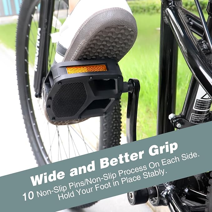 9/16 Inch Bike Pedals, Non-Slip Wide Platform with Reflective Strips, Compatible with Mountain Road BMX E-Bikes