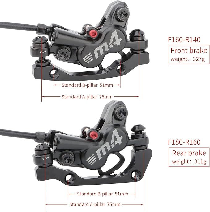 MEROCA M4 4-Piston Mountain Bike Hydraulic Disc Brakes Hydraulic Bike Brakes Front 800mm and Rear 1400mm with PM Adapter for 160mm Rotor