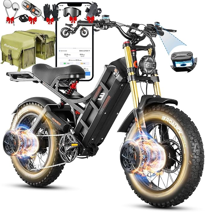eAhora Romeo Pro 3 Electric Bike - [2026 Latest] 50MPH 5600W Dual Motor 60V 80AH 250Miles Long Range Ebike for Adults, 26" * 4.0 Fat Tire Fast Electric Mountain Bike Full Suspension Off-Road E-Bike
