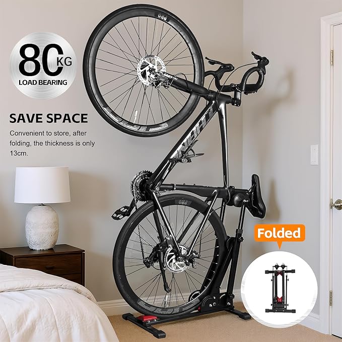 Teraysun 2-in-1 Vertical Bike Stand - Foldable Adjustable Bicycle Rack for Garage & Indoor, Space-Saving Upright Parking, Fits 20"-29" Mountain & Road Bikes, Scratch-Proof Tire Trays Included, Heavy-Duty Bicycle Floor Stand