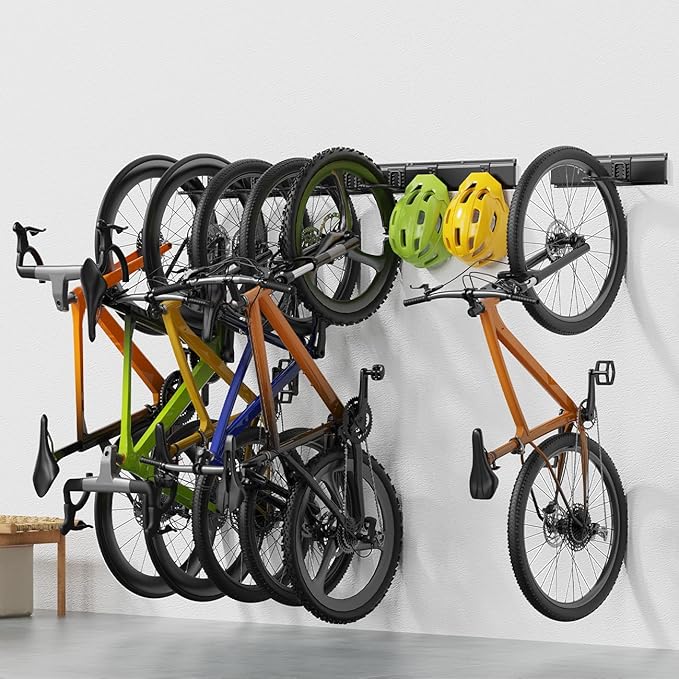 Housolution Bike Storage Rack 48Inch for 6 Bikes + 5 Helmets, Up to 500lbs, Heavy Duty Bike Hangers for Garage, Bike Hooks for Garage, Solid Steel Bicycle Storage, Bike Wall Mount, New Black