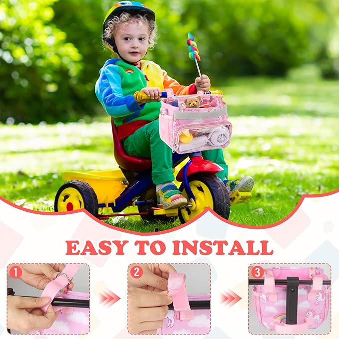Kids Bike Scooter Front Mount Bike Basket, Waterproof Bike Rack Basket Handlebar Bag, Kids Basket for Bicycle Accessories Fit Most Boys, Girls, Toddlers Bike or Scooter