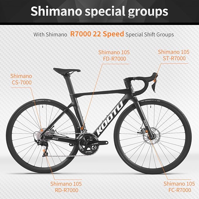 KOOTU Carbon Road Bike, T800 Lightweight Carbon Fiber Frame Racing Bicycle with Shimano 105 R7000 22 Speed Groupset and Wire-Pull Disc Brake for Man and Woman