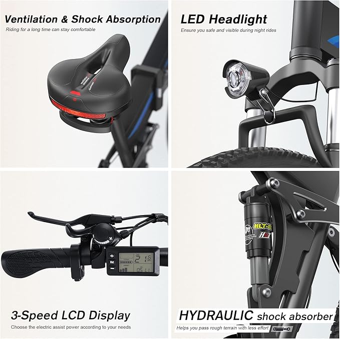 Wooken 26" x4.0 Fat Tire Electric Bike, Folding Electirc Bike for Mountain Commuter, Peak 1000W Motor 21.6 MPH, Ebikes for Adults with 48V/10.4Ah Removable Battery, Suspension Fork, 21 Speed Ebike