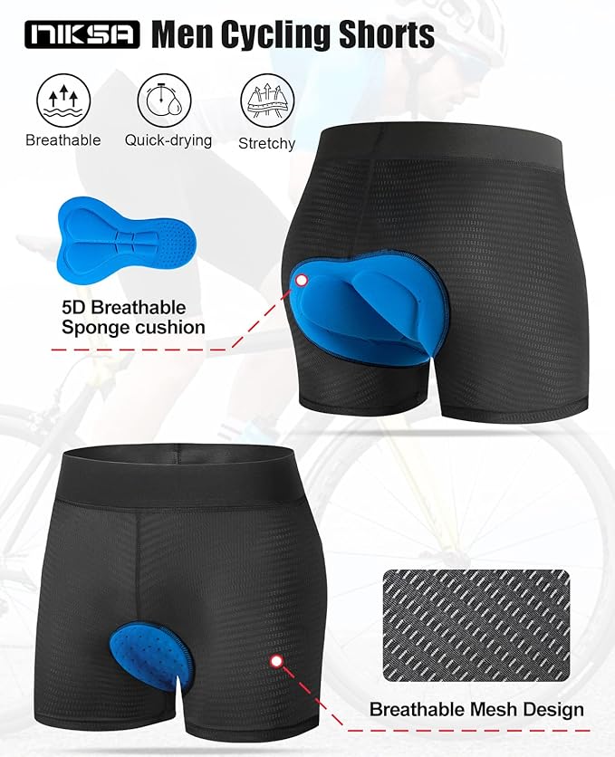 Niksa Cycling Underwear Men Absorbent, 5D Padded Gel Bike Shorts Men, Breathable Bike Liner Shorts for Mountain Biking
