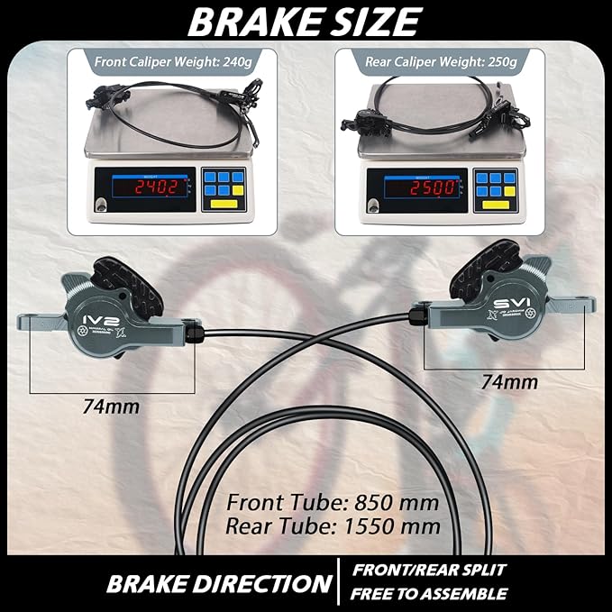 BUCKLOS IIIPRO IV2 MTB Hydraulic Disc Brake Set, 2 Piston Left Front 850mm Right Rear 1550mm Aluminum Alloy Levers Calipers for Mountain Bike/Ebike/Folding Bike/Fat Bike