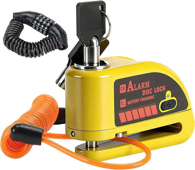 Rechargeable Motorcycle Disc Lock with 120dB Alarm, 5FT Reminder Cable with Anti-Theft Helmet Lock Cable, IP67 Waterproof, Universal Fit for Motorcycle Bike Scooter Ebike