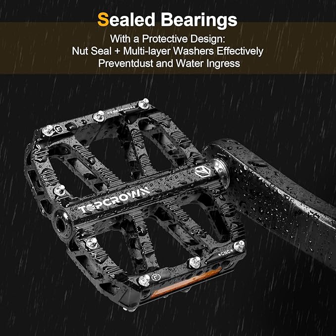 Mountain Bike Pedals with Reflectors, Aluminum Metal Bicycle Flat Pedals 9/16" - 3 Sealed Bearings, Non-Slip Wide Platform with Removable Pins for MTB, Road Bike, BMX, Ebike