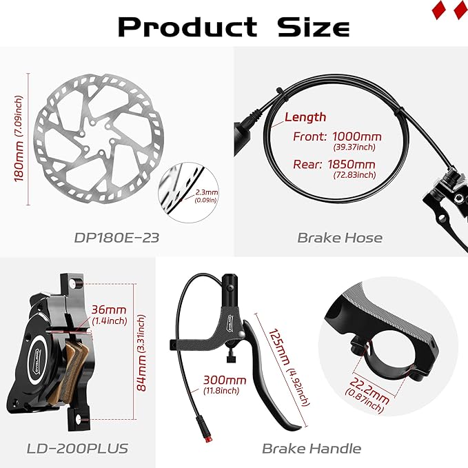 E-Bike Hydraulic Disc Brake Set 4-Pistons/2-Pistons,2-PIN/3-PIN Pre-Bled with Mineral Oil Brakes Kit,Front and Rear Set,180mm 2.3mm Thick Rotors