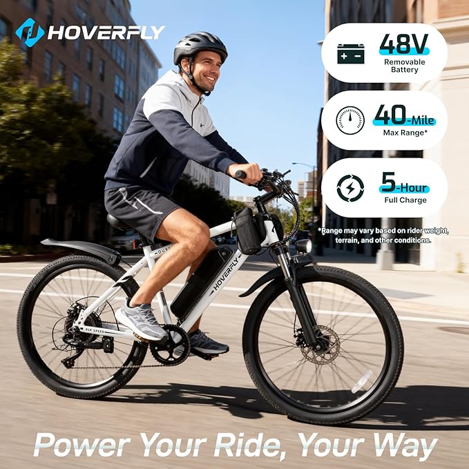 HOVERFLY OUREA 26" Electric Bike for Adults, 750W Peak Motor Mountain Ebike, 20MPH Up to 40 Miles, UL2849 Certified, 7-Speed, Removable Battery, Shock Absorber, Fat Tire Commuter E-Bike