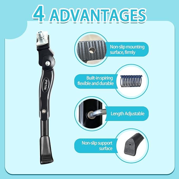 Kickstand for Kids Bike for 16 18 20 Inch Adjustable Folding Center Mount Children's Bicycles Black Aluminium Alloy Bike Kick Stand Easy Install