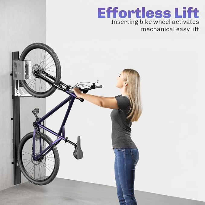 Life Finds Vertical Wall-Mounted Bike Rack with Mechanical Lift, Easy Bicycle Storage, Black, LF-EBR1