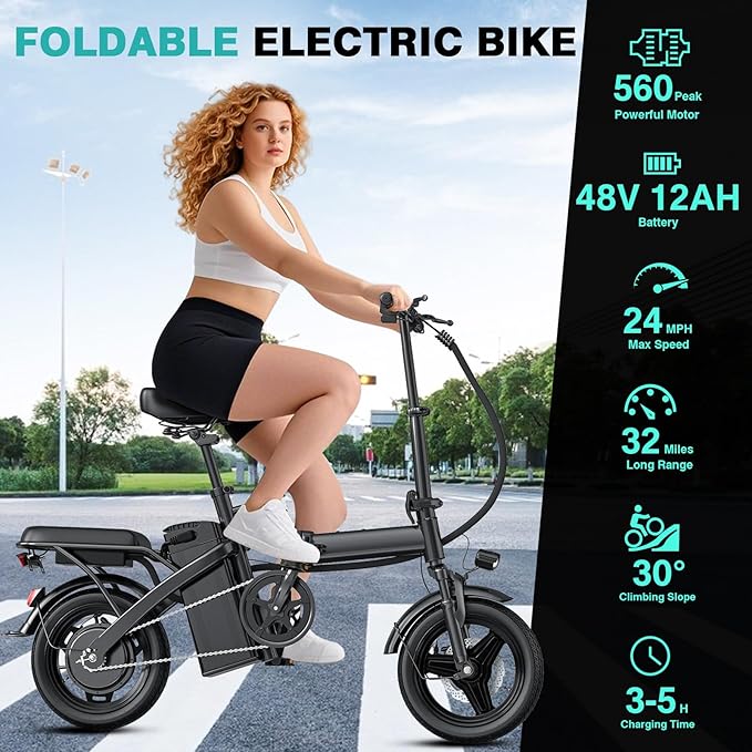 Electric Bike for Adults and Teens, 520W-560W Motor, 20-24MPH, 32 Miles Range, 48V 10Ah Battery, 3-Level Pedal Assist, 14" Foldable Mini Electric Bicycle, UL 2849 Certified