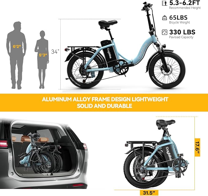 Folding Electric Bike for Adults with Peak 1000W Motor, 48V 20AH Battery up to 30MPH 80 Miles, 20" Fat Tire All Terrain Ebike, 7-Speed Commuter E Bike Blue with Safety Seat, Step-Thru, UL Certified