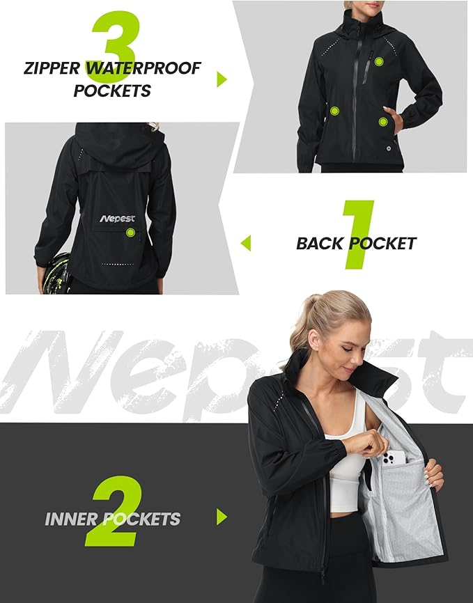 Nepest Womens Cycling Rain Jackets Lightweight Waterproof Biking Running Windbreaker UPF 50+ Reflective Packable Hooded